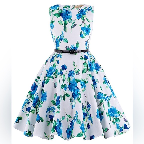 Kate Kasin | Girls White and Blue Sleeveless A-line Wedding Guest Dress - Picture 1 of 3